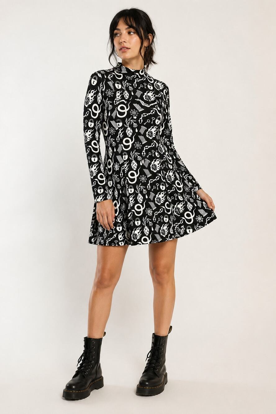 Nooworks Tonya Dress x While Odin Sleeps Odin Print Small Mock Neck Made in USA
